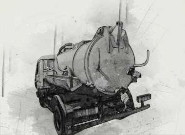 Çöp tenekesi kollu çöp kamyonu. Yatay olarak. Resim çizimi çizimi