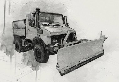 Çöp tenekesi kollu çöp kamyonu. Yatay olarak. Resim çizimi çizimi