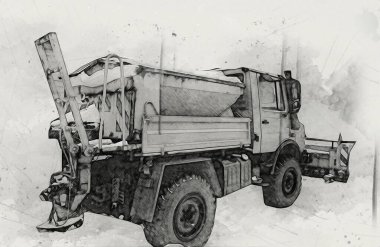 Çöp tenekesi kollu çöp kamyonu. Yatay olarak. Resim çizimi çizimi