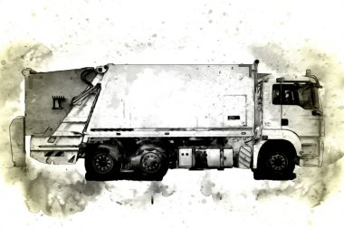 Çöp tenekesi kollu çöp kamyonu. Yatay olarak. Resim çizimi çizimi
