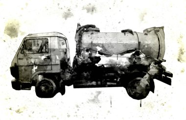 Çöp tenekesi kollu çöp kamyonu. Yatay olarak. Resim çizimi çizimi