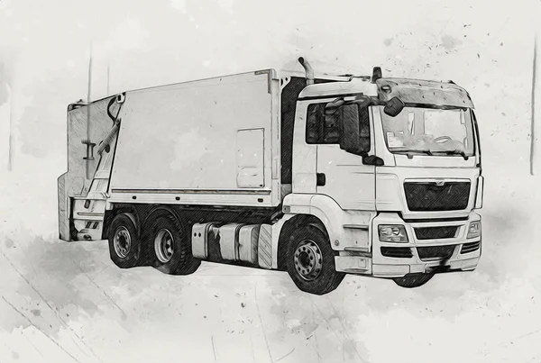 装垃圾的垃圾车能举起胳膊 横向的 艺术插画草图 — 图库照片