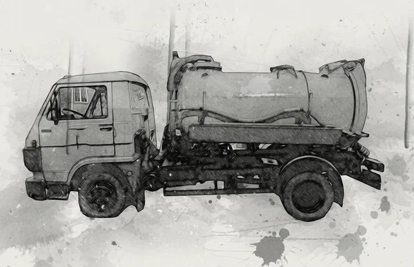 ごみのあるゴミ収集車は腕を持ち上げることができる 水平だ イラストドローイングスケッチ — ストック写真