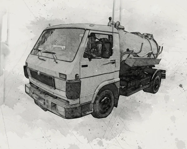 Müllwagen Mit Mülleimer Heben Arm Horizontal Kunst Illustration Zeichnung Skizze — Stockfoto