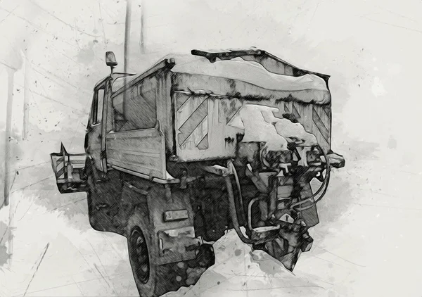 Vuilniswagen Met Vuilnisbak Horizontaal Art Illustratie Tekening Schets — Stockfoto