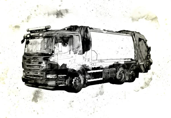 Søppelbil Med Søppelbøtte Løfter Armen Horisontalt Tegningstegning – stockfoto