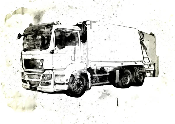 ごみのあるゴミ収集車は腕を持ち上げることができる 水平だ イラストドローイングスケッチ — ストック写真