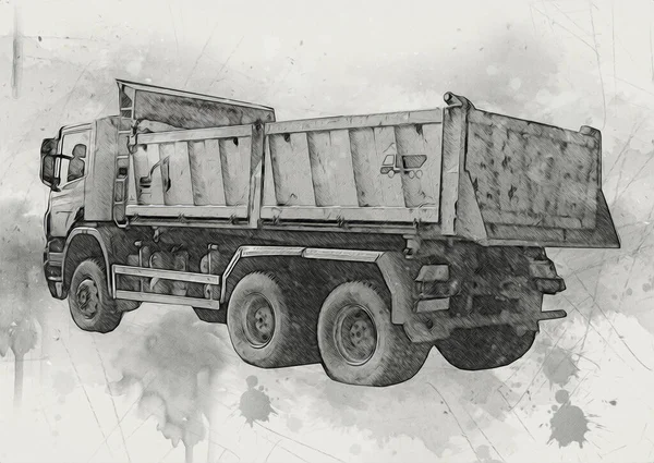 Gele Dump Truck Illustratie Kunst Tekening Schets Retro Antiek Vintage — Stockfoto