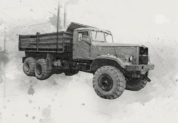 Giallo Discarica Camion Illustrazione Arte Disegno Schizzo Retrò Antico Vintage — Foto Stock