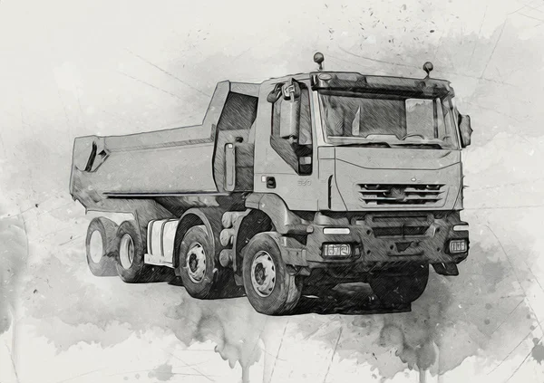Gele Dump Truck Illustratie Kunst Tekening Schets Retro Antiek Vintage — Stockfoto