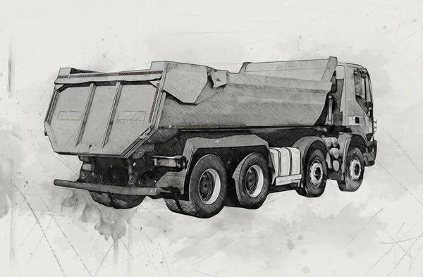 Gele Dump Truck Illustratie Kunst Tekening Schets Retro Antiek Vintage — Stockfoto