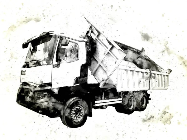 Gele Dump Truck Illustratie Kunst Tekening Schets Retro Antiek Vintage — Stockfoto