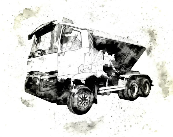 Giallo Discarica Camion Illustrazione Arte Disegno Schizzo Retrò Antico Vintage — Foto Stock