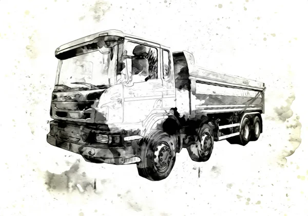 Amarelo Caminhão Descarga Ilustração Arte Desenho Esboço Retro Antiguidade Vintage — Fotografia de Stock