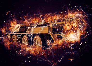 Gezici vinç yükselişte açık hava kamyon vintage çizim çizimi