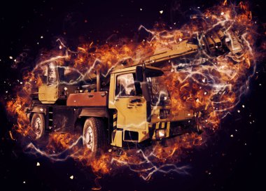 Gezici vinç yükselişte açık hava kamyon vintage çizim çizimi