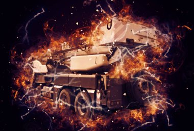 Gezici vinç yükselişte açık hava kamyon vintage çizim çizimi