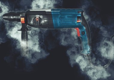 Ağır sarı siyah çekiç matkap matkap elle delme aleti beyaz arka planda izole edilmiş. İnşaat sektörü araçları kavramı