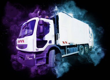 Çöp tenekesi kollu çöp kamyonu. Yatay olarak. Resim çizimi çizimi