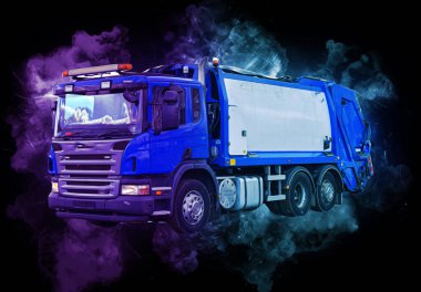 Çöp tenekesi kollu çöp kamyonu. Yatay olarak. Resim çizimi çizimi