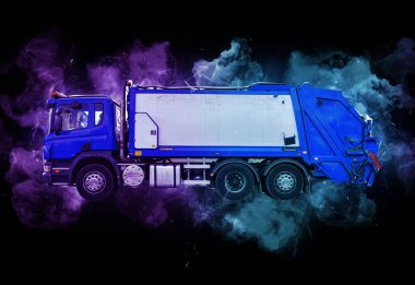 Çöp tenekesi kollu çöp kamyonu. Yatay olarak. Resim çizimi çizimi