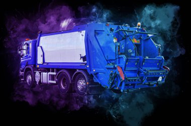 Çöp tenekesi kollu çöp kamyonu. Yatay olarak. Resim çizimi çizimi