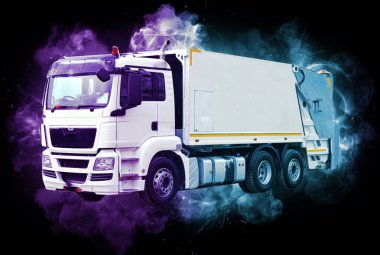 Çöp tenekesi kollu çöp kamyonu. Yatay olarak. Resim çizimi çizimi