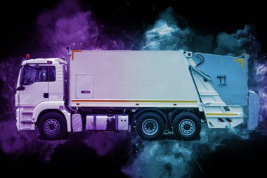 Çöp tenekesi kollu çöp kamyonu. Yatay olarak. Resim çizimi çizimi