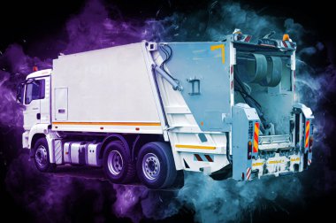 Çöp tenekesi kollu çöp kamyonu. Yatay olarak. Resim çizimi çizimi