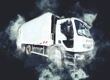 Çöp tenekesi kollu çöp kamyonu. Yatay olarak. Resim çizimi çizimi