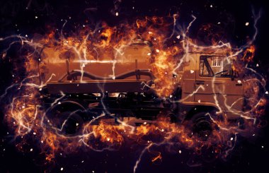 Çöp tenekesi kollu çöp kamyonu. Yatay olarak. Resim çizimi çizimi