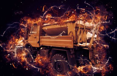 Çöp tenekesi kollu çöp kamyonu. Yatay olarak. Resim çizimi çizimi