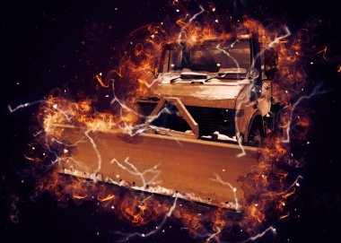 Çöp tenekesi kollu çöp kamyonu. Yatay olarak. Resim çizimi çizimi