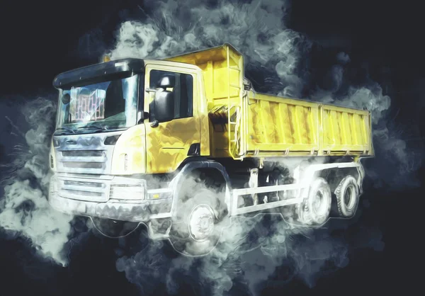 Yellow dump truck illustration art drawing sketch retro antique vintage