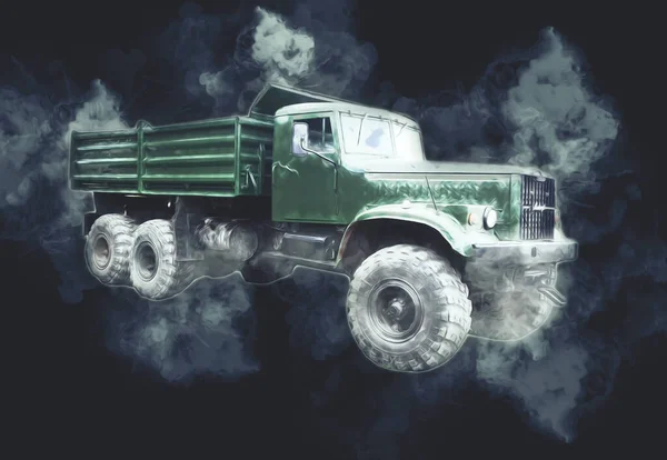 Gele Dump Truck Illustratie Kunst Tekening Schets Retro Antiek Vintage — Stockfoto