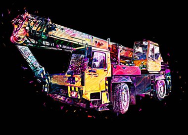 Gezici vinç yükselişte açık hava kamyon vintage çizim çizimi