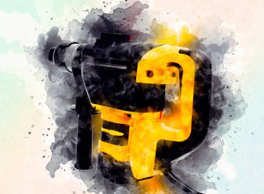 Ağır sarı siyah çekiç matkap matkap elle delme aleti beyaz arka planda izole edilmiş. İnşaat sektörü araçları kavramı