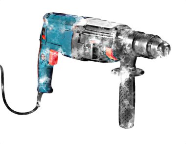 Ağır sarı siyah çekiç matkap matkap elle delme aleti beyaz arka planda izole edilmiş. İnşaat sektörü araçları kavramı