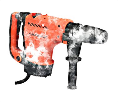 Ağır sarı siyah çekiç matkap matkap elle delme aleti beyaz arka planda izole edilmiş. İnşaat sektörü araçları kavramı