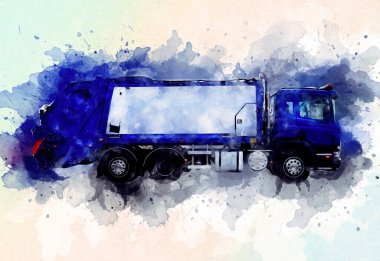 Çöp tenekesi kollu çöp kamyonu. Yatay olarak. Resim çizimi çizimi