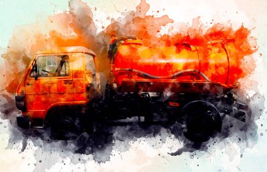 Çöp tenekesi kollu çöp kamyonu. Yatay olarak. Resim çizimi çizimi