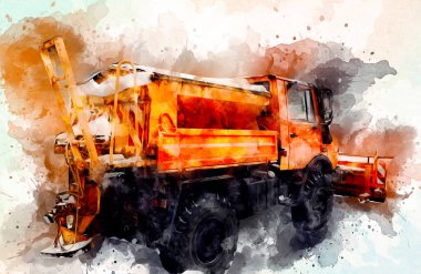 Çöp tenekesi kollu çöp kamyonu. Yatay olarak. Resim çizimi çizimi