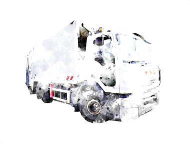 Çöp tenekesi kollu çöp kamyonu. Yatay olarak. Resim çizimi çizimi