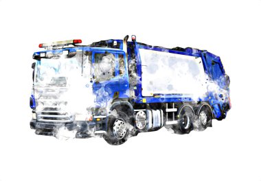 Çöp tenekesi kollu çöp kamyonu. Yatay olarak. Resim çizimi çizimi