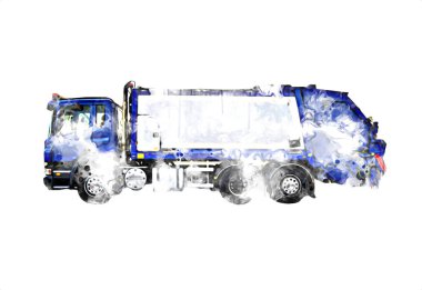 Çöp tenekesi kollu çöp kamyonu. Yatay olarak. Resim çizimi çizimi