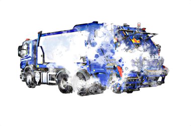 Çöp tenekesi kollu çöp kamyonu. Yatay olarak. Resim çizimi çizimi