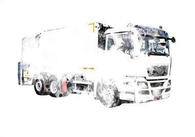 Çöp tenekesi kollu çöp kamyonu. Yatay olarak. Resim çizimi çizimi