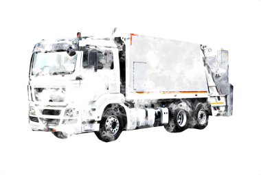 Çöp tenekesi kollu çöp kamyonu. Yatay olarak. Resim çizimi çizimi