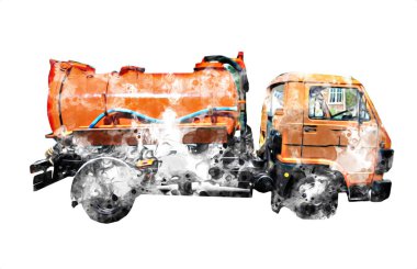 Çöp tenekesi kollu çöp kamyonu. Yatay olarak. Resim çizimi çizimi