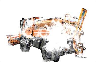 Çöp tenekesi kollu çöp kamyonu. Yatay olarak. Resim çizimi çizimi